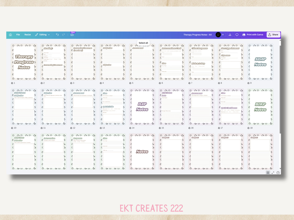 Therapy Process Notes - Printable Canva Templates