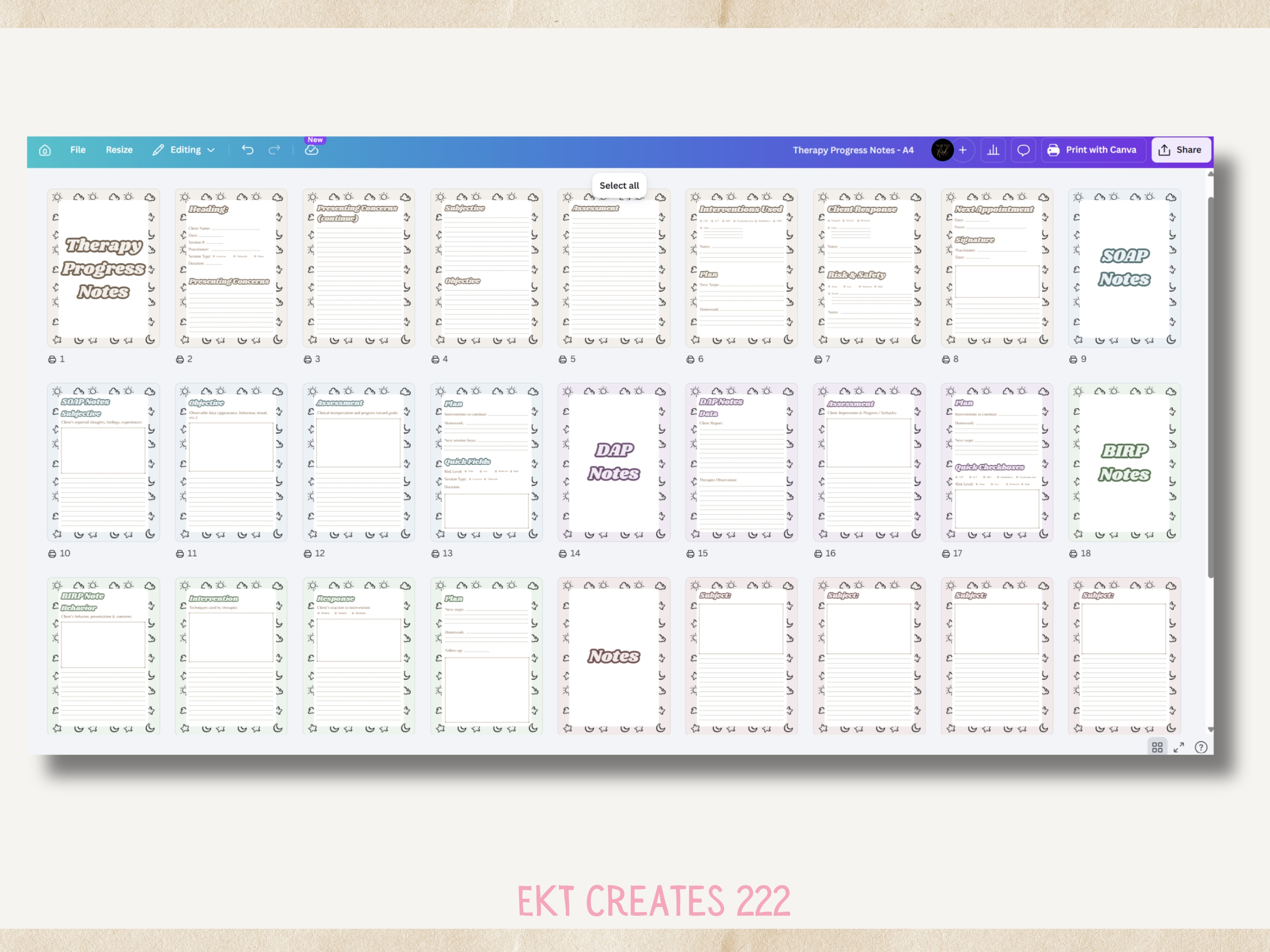 Therapy Process Notes - Printable Canva Templates