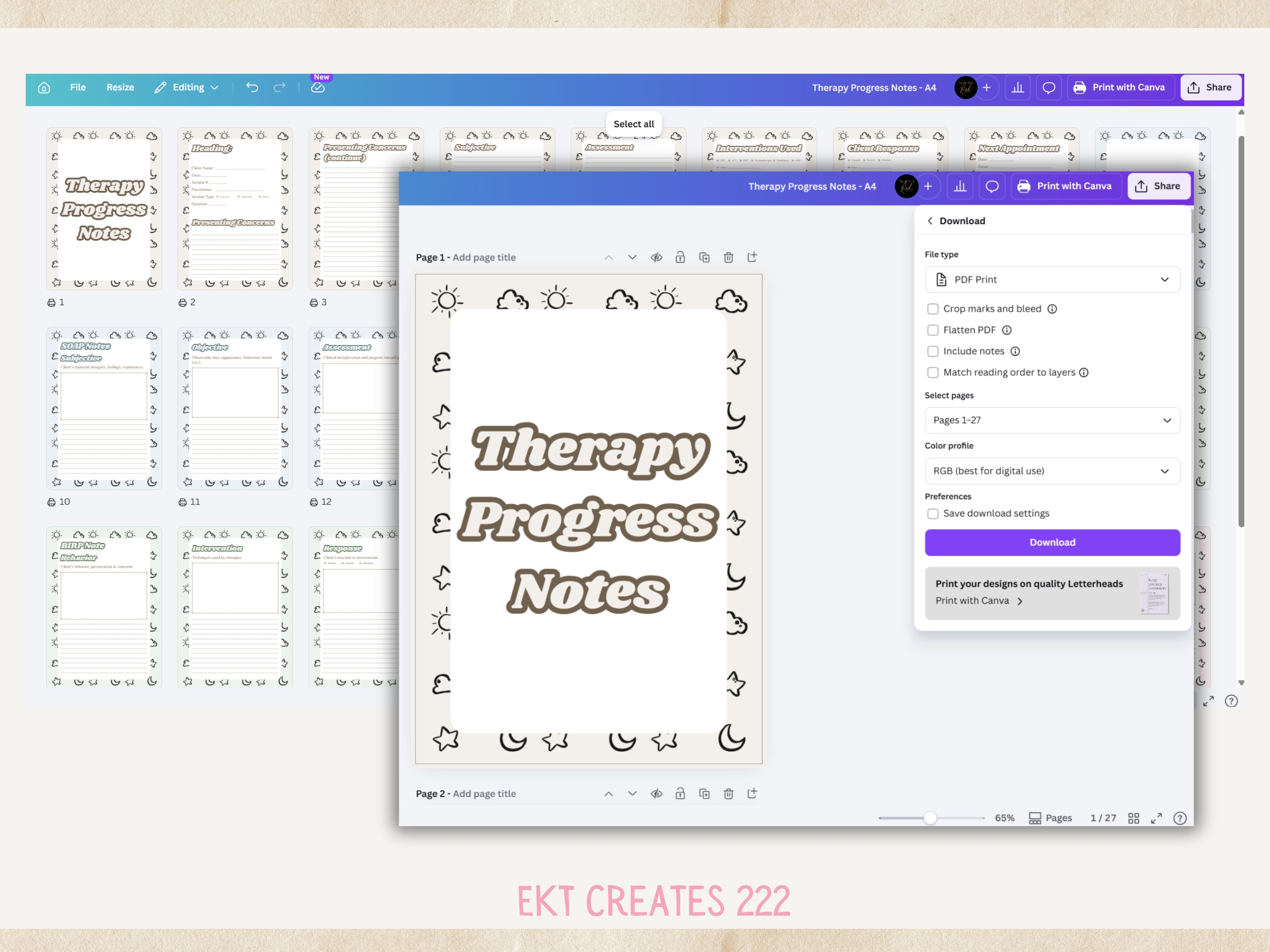 Therapy Process Notes - Printable Canva Templates