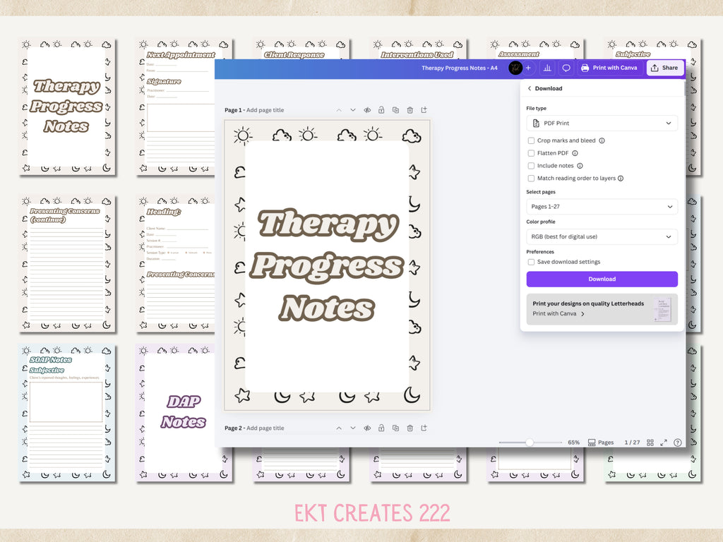 Therapy Process Notes - Printable Canva Templates