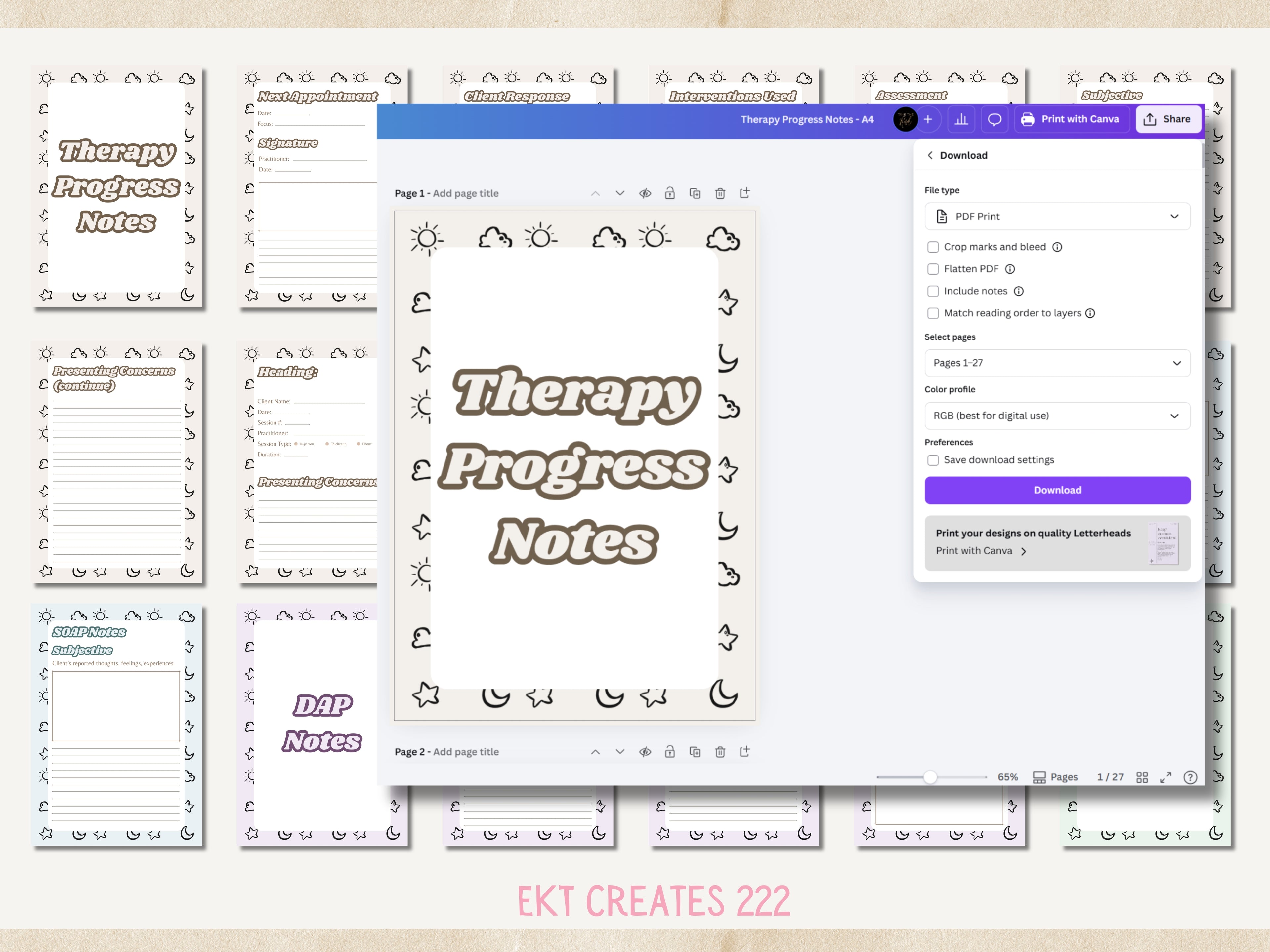 Therapy Process Notes - Printable Canva Templates